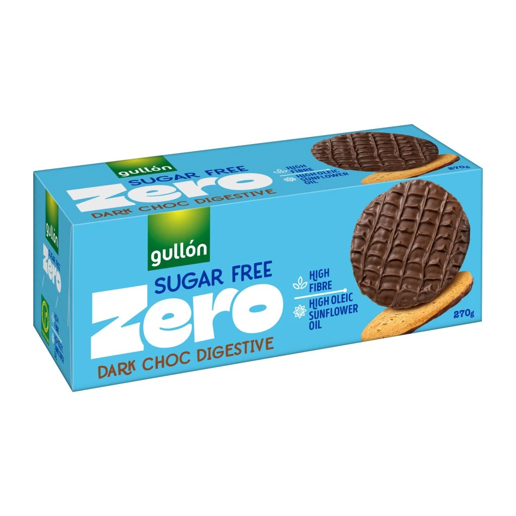 Gullón Dark Choc Digestive sušenky polomáčené v tmavé čokoládě bez cukru 270g