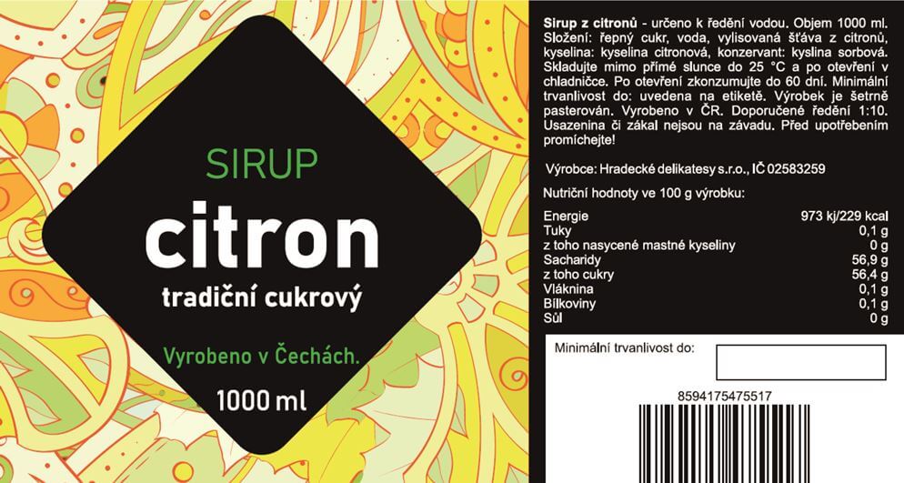 Citronový sirup (z BIO citronů), 1 l